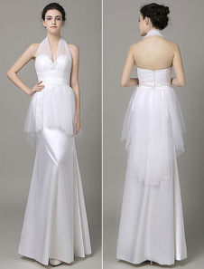 Dos nu Satin robe de soirée étage a-ligne Halter longueur panneau Train robe de mariée