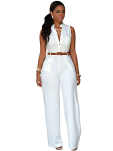 Ceinture blanche Jumpsuit Sash V profond jambe large combinaison pour femmes