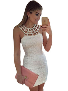 Robe Bodycon blanche découper Club Polyester robe en dentelle