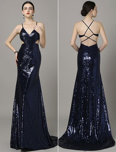 Sequin backless robe de soirée col v découpe Mermaid marine Sexy tapis rouge robe avec traine de Cha
