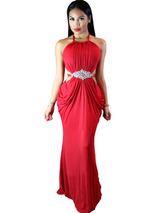Robe de soirée strass rouge découpé de robe de bal Halter drapé