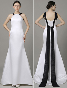 Satin robe de soirée sans manches bretelles sirène Ivoire tapis rouge robe avec traine de Cour