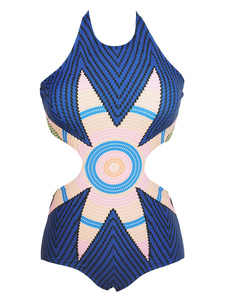Imprimer découper Monokini bleu Halter maillot de bain Polyester