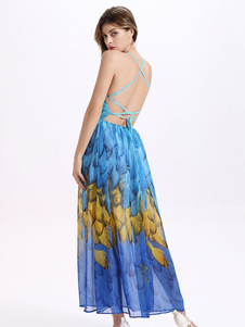 Bracelets croisent retour Maxi robe bleue robe en mousseline de soie imprimée