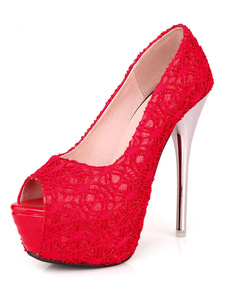 Peep Toe plate-forme pompes talons rouge Textile
