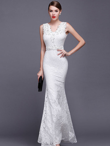 White Lace longue sirène robe Maxi profonde-V dentelle robe sans manches de Party