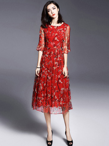 Robe imprimée floral rouge thé longueur robe de mousseline de soie
