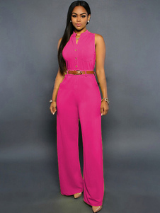 Sash boutons combinaison Rose Red Jumpsuit Polyester pour les femmes