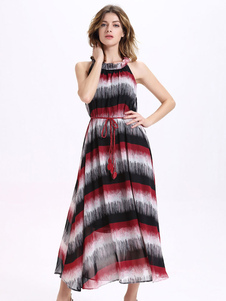 Rayures impression Maxi robe multicolore Sash en mousseline de soie robe