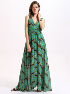 Split Maxi robe verte robe impression profonde-V