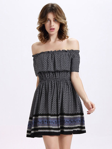 Rayures multicolores de hors-la-épaule robe coton imprimé Mini robe