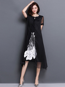 Robe imprimée noir thé longueur robe de lin