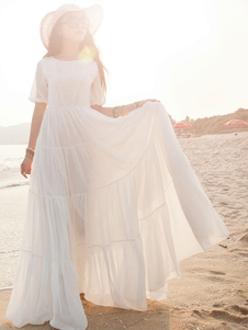 Robe Maxi blanche manches courtes en mousseline de soie robe