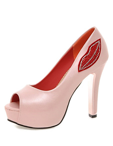 Peep Toe plate-forme pompes talons PU imprimer lèvre rose