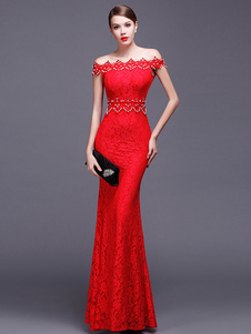 Sirène robe Maxi dentelle Off-The-Shoulder rouge Bodycon Dress
