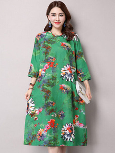 Maj impression floral robe vert coton robe lin
