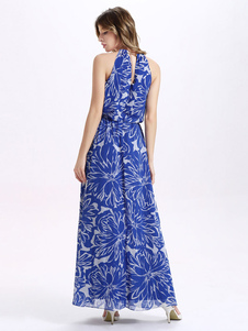 Licol de découpe Maxi Dress Blue Print Dress mousseline de soie