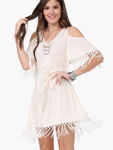 Cold-Shoulder blanc Sash robe de Fringe