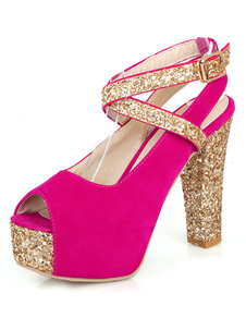 Peep Toe plateforme sandales Rose Red Glitter Suede talons