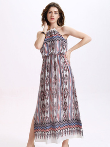 Halter Backless robe Maxi robe imprimée multicolore