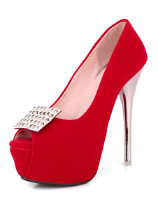 Peep Toe plate-forme pompes talons daim métallisé rouge
