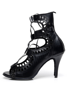Lacez vers le haut de danse latine sandales noir Cut Out PU talons pour femmes