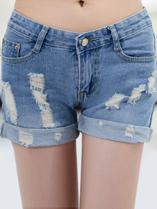 Denim Short bleu en détresse Slim Fit Jeans pour femmes