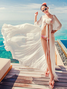 Maxi Cover Up blanc en dentelle dos nu en mousseline de soie robe pour femmes