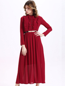 Ceinture Maxi robe rouge en mousseline de soie robe plissée