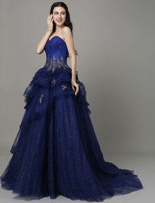 A-ligne bleu Royal appliques robe de soirée avec cou Sweetheart train