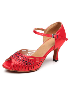 Peep Toe danse latine sandales rouge bretelles Satin talons pour femmes