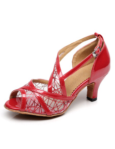 Peep Toe danse latine sandales rouge bretelles Mesh talons pour femmes