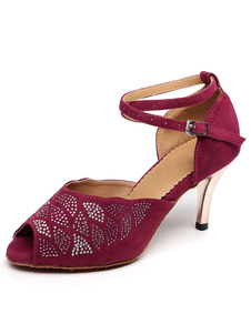Peep Toe danse latine sandales Bourgogne sangles Terry talons pour femmes