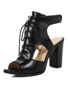 Peep Toe sandales noir Lace Up PU talons