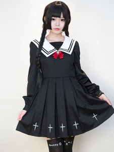 Impression Lolita Robe noire plissée acétate uniforme