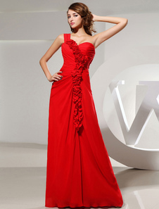 Robe de bal rouge d’une seule épaule plissé fleur Sweetheart a-ligne-parole longueur robe de soirée 