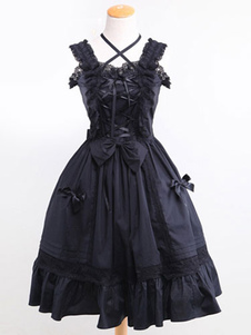 Croix de Bow Lolita Robe noire Ruffles robe en coton
