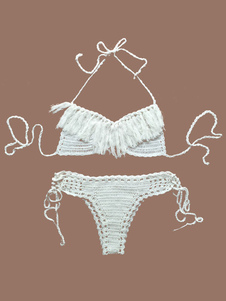 Bikini blanc Halter bretelles Lace Up coton maillot de bain pour femmes