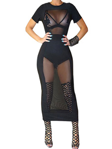 Semi Sheer Bodycon Dress Black Mesh Spandex Club Dress