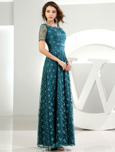 Robe dentelle mère-de-la-mariée manches courtes vert foncé parole longueur robe fête de mariage a-li