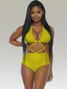 Halter Bikini jaune bretelles Backless Spandex maillot de bain pour femmes