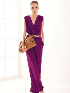 Jumpsuit Purple jambe large profonde-V coton combinaison pour femmes
