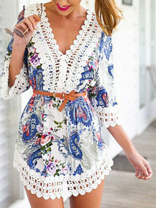 Barboteuse imprimée multicolore profonde-V Sash barboteuse pour les femmes