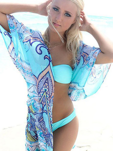 Couvrez-vous de Polyester imprimé ouvert avant frange bleue de la femme