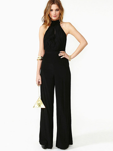 Combinaison noire Halter Backless découpe Jumpsuit acétate pour femmes