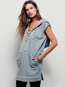 Gris à capuchon Top dentelle coton T-shirt pour femmes