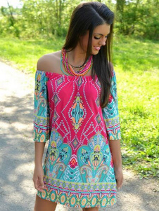 Robe multicolore imprimer Chic hors-la-épaule robe de lin en coton