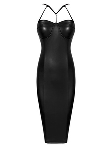Robe Bodycon noire bretelles robe dos-nu PU