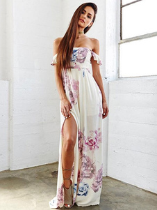 L’épaule robe Maxi blanc divisé robe coton imprimé