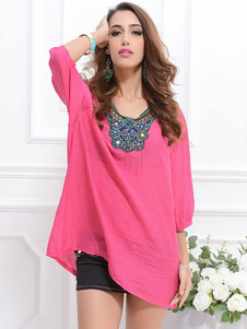 Rose rouge Blouse imprimé surdimensionné gaze Top pour femmes